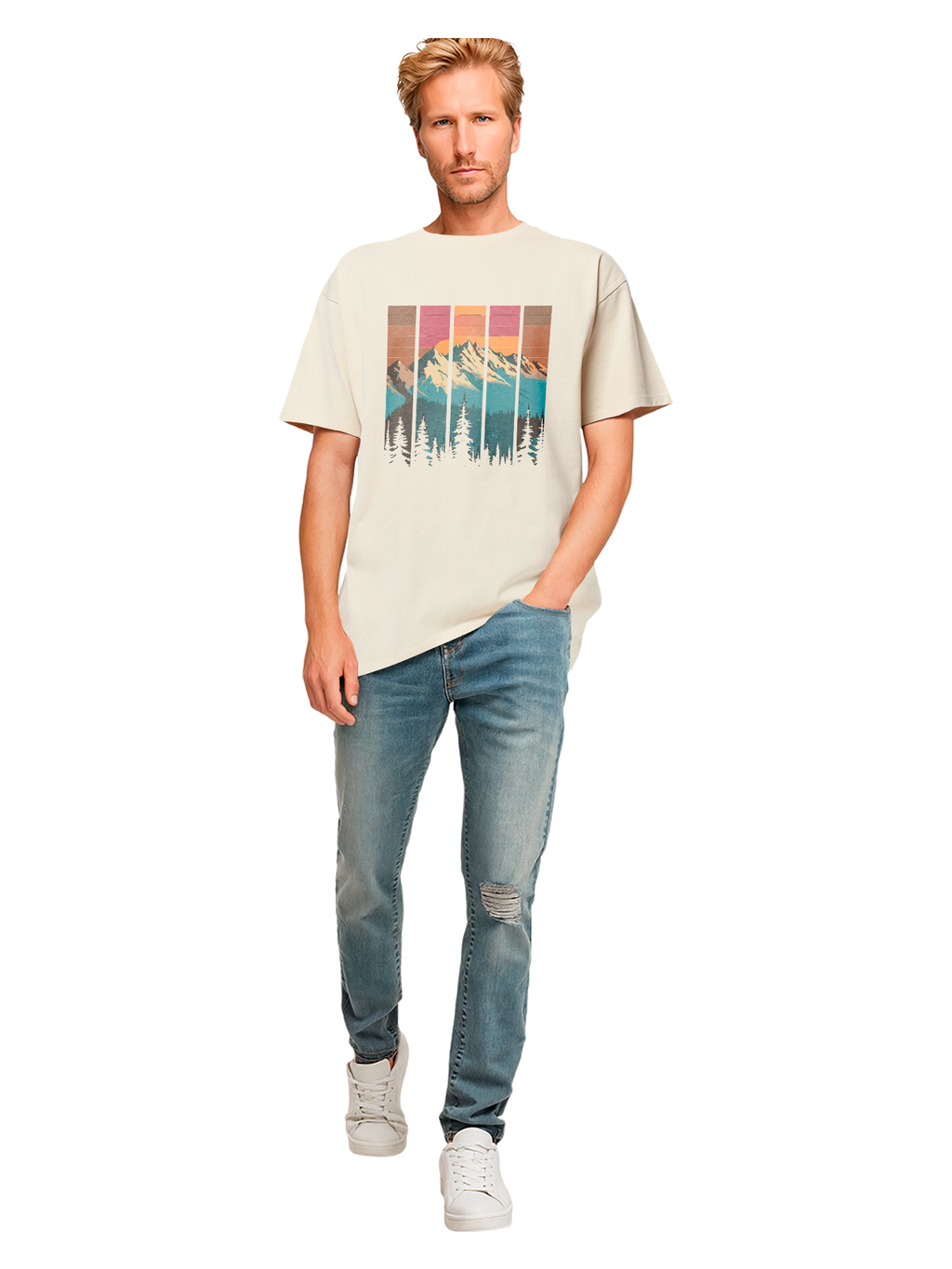 Mountain Sunset Retro Art Schweres Oversize T-Shirt