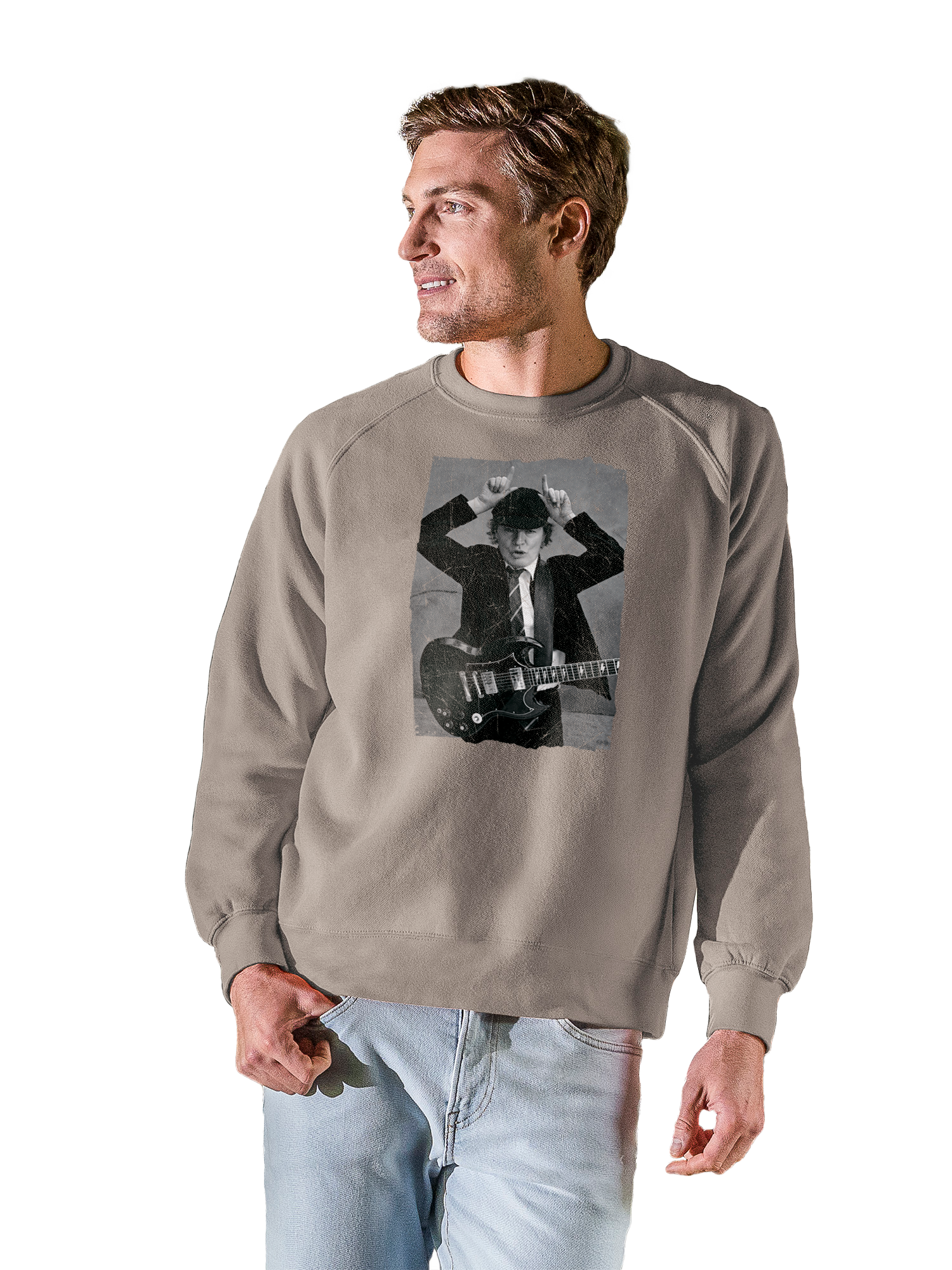 AC/DC Angus Foto angustiada Young con tripulación vintage de raglán de lana