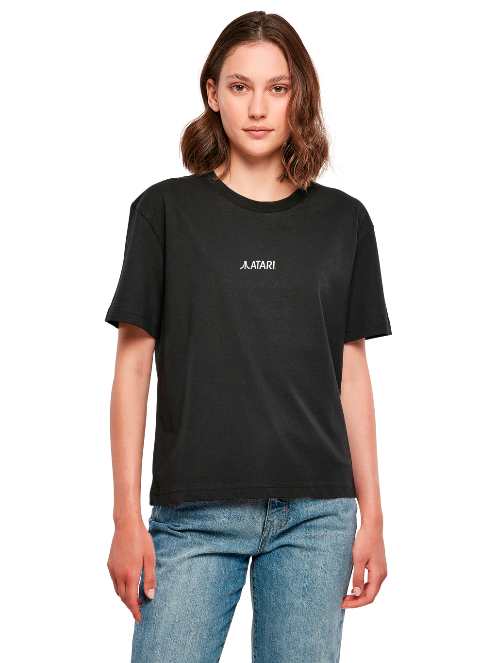 Atari Games Logo White Retro Gaming Horizontal and Atari Gravitar Box Cover with Ladies Everyday Tee
