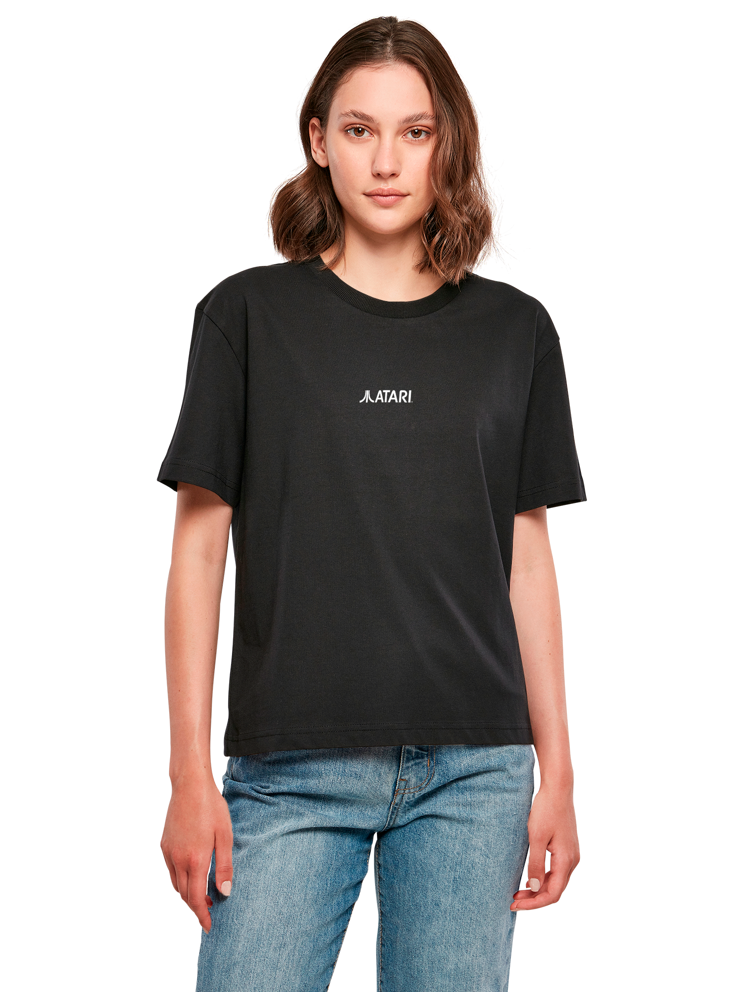 Atari Games Logo White Retro Gaming Horizontal and Atari Gravitar Box Cover with Ladies Everyday Tee