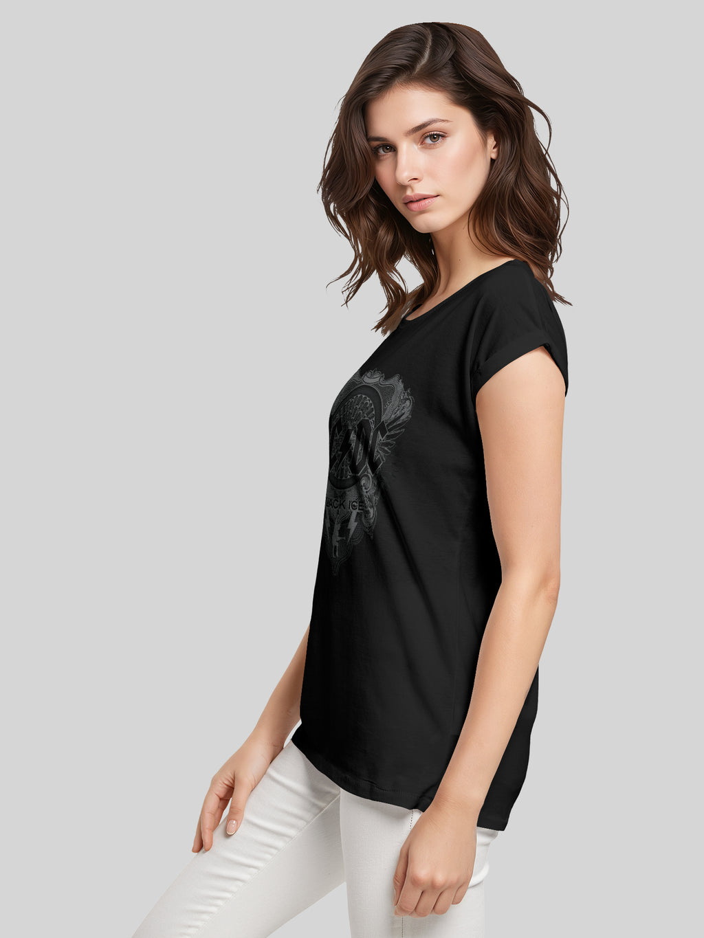 ACDC Negro con hielo con camiseta de hombro extendido de damas