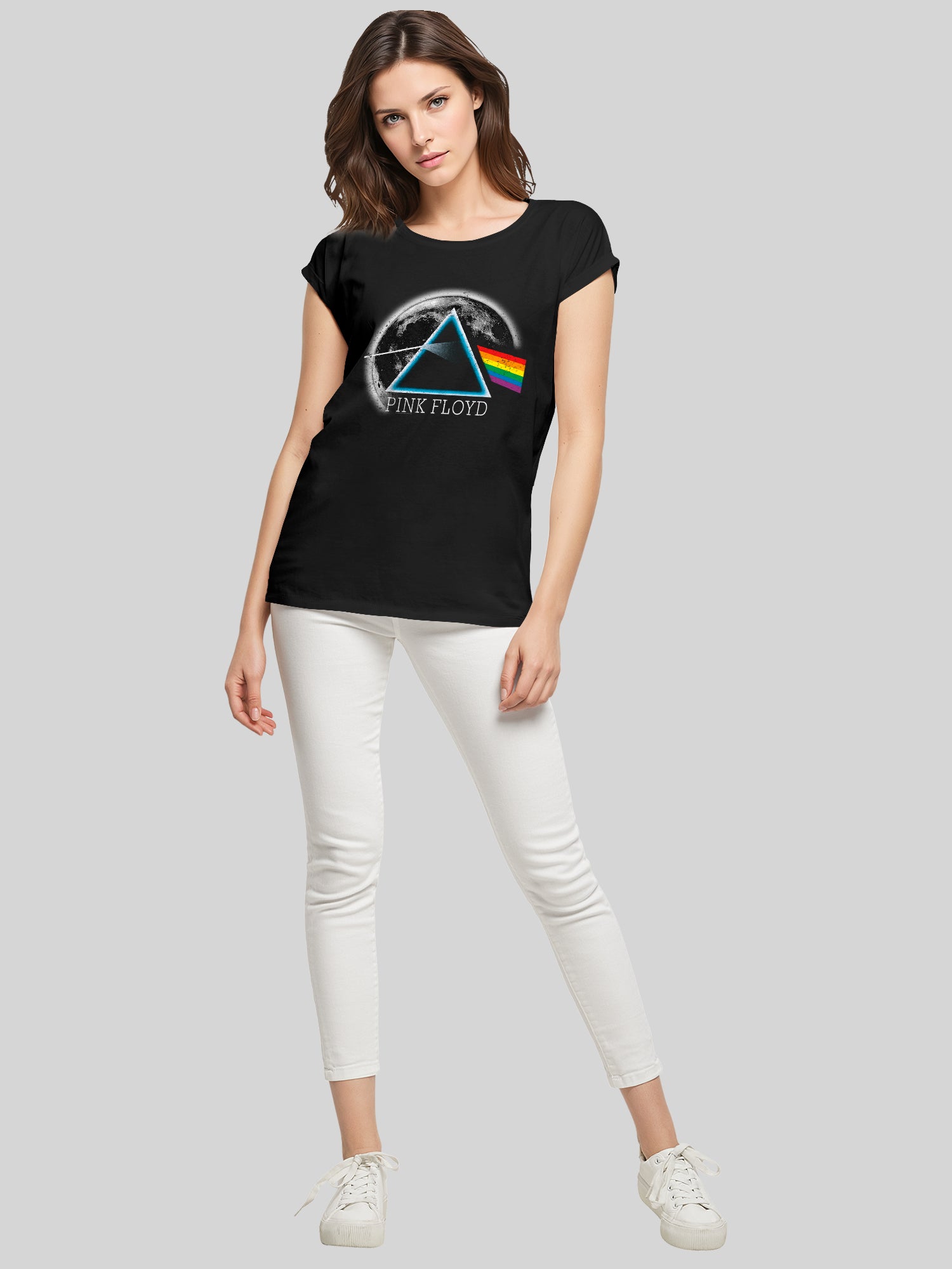 Pink Floyd Dark Side of The Moon Distressed Moon with Ladies Extended Shoulder Tee