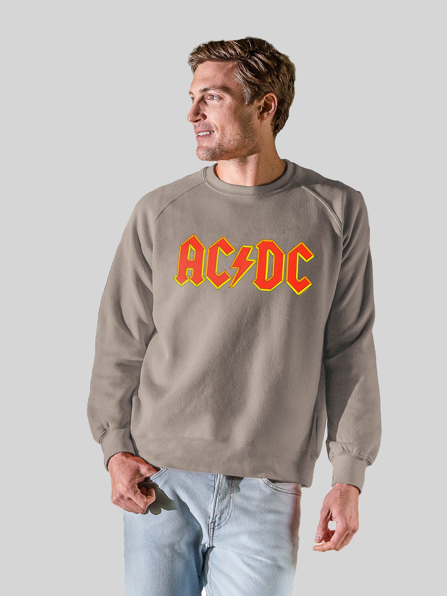 AC/DC Yellow Outline Red Logo with Vintage Fleece Raglan Crew ...