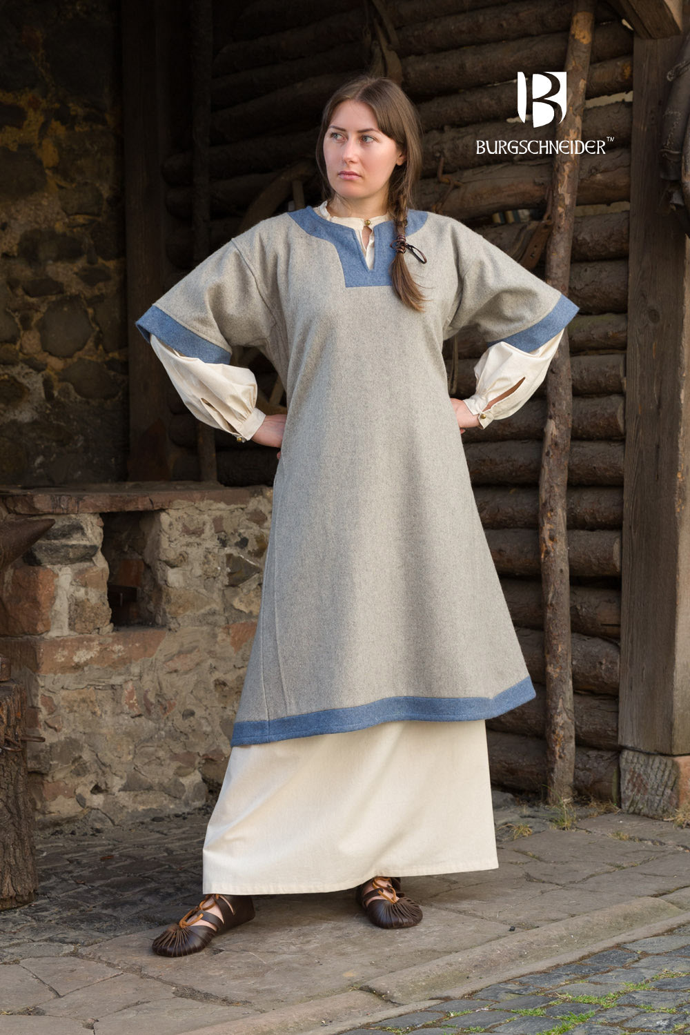 medieval linen dress Rus Dress Luiza Light Grey/Light Blue L