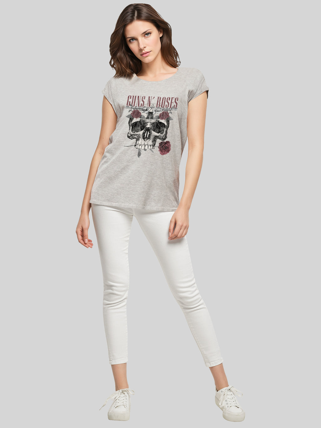 Guns N 'Roses Roses Calavera con Damas Extendida TEE de hombro