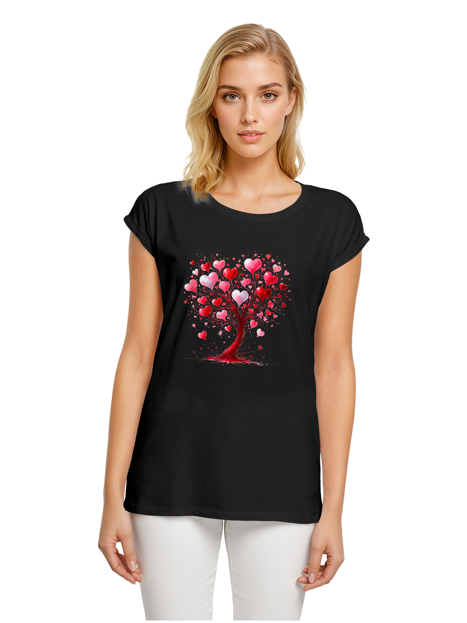 Heart Tree Watercolor Ladies Extended Shoulder T-Shirt