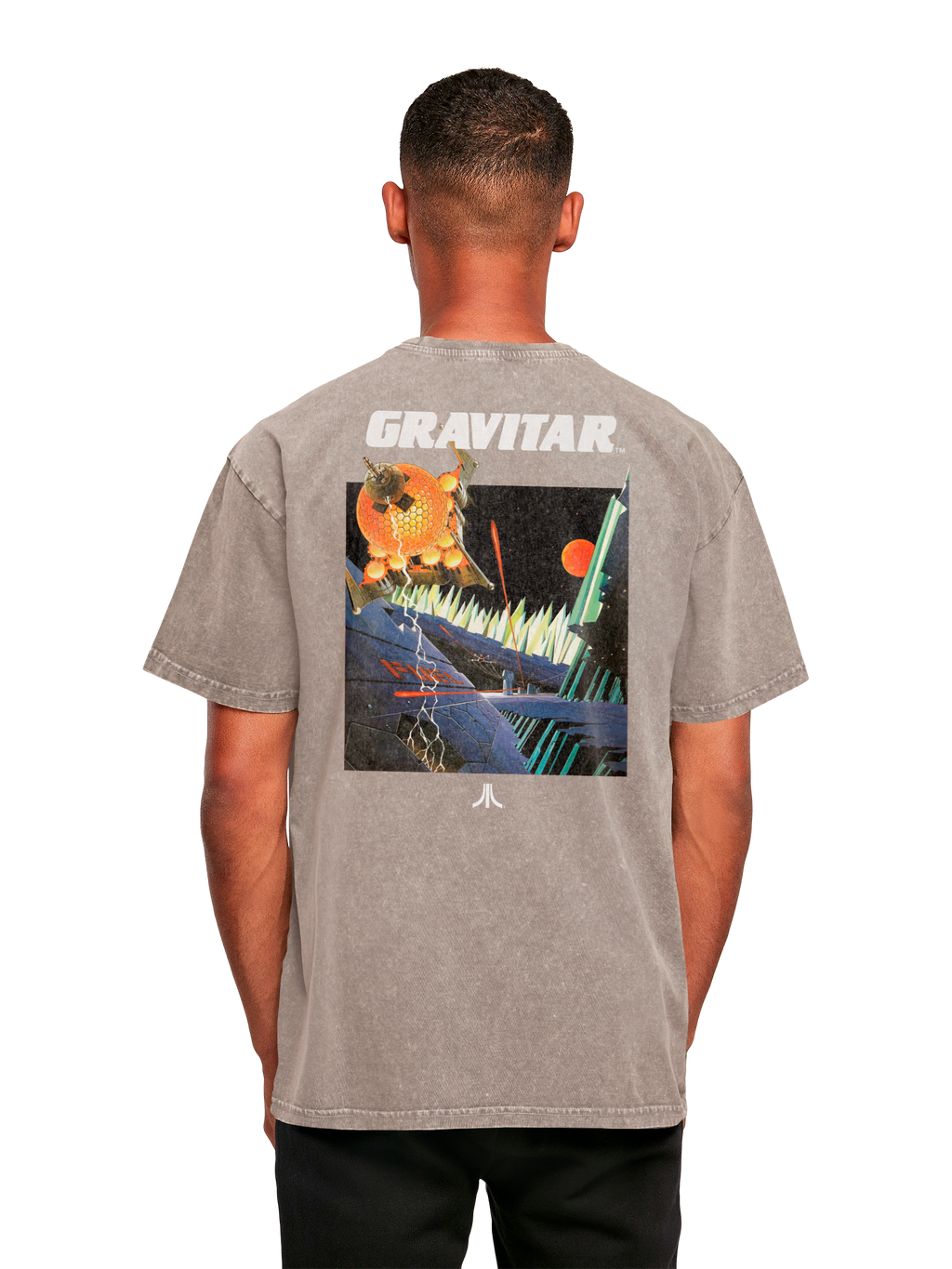 Logotipo de Atari Games White Retro Gaming Horizontal y Atari Gravitar Box Cover con camiseta de gran tamaño pesado de ácido