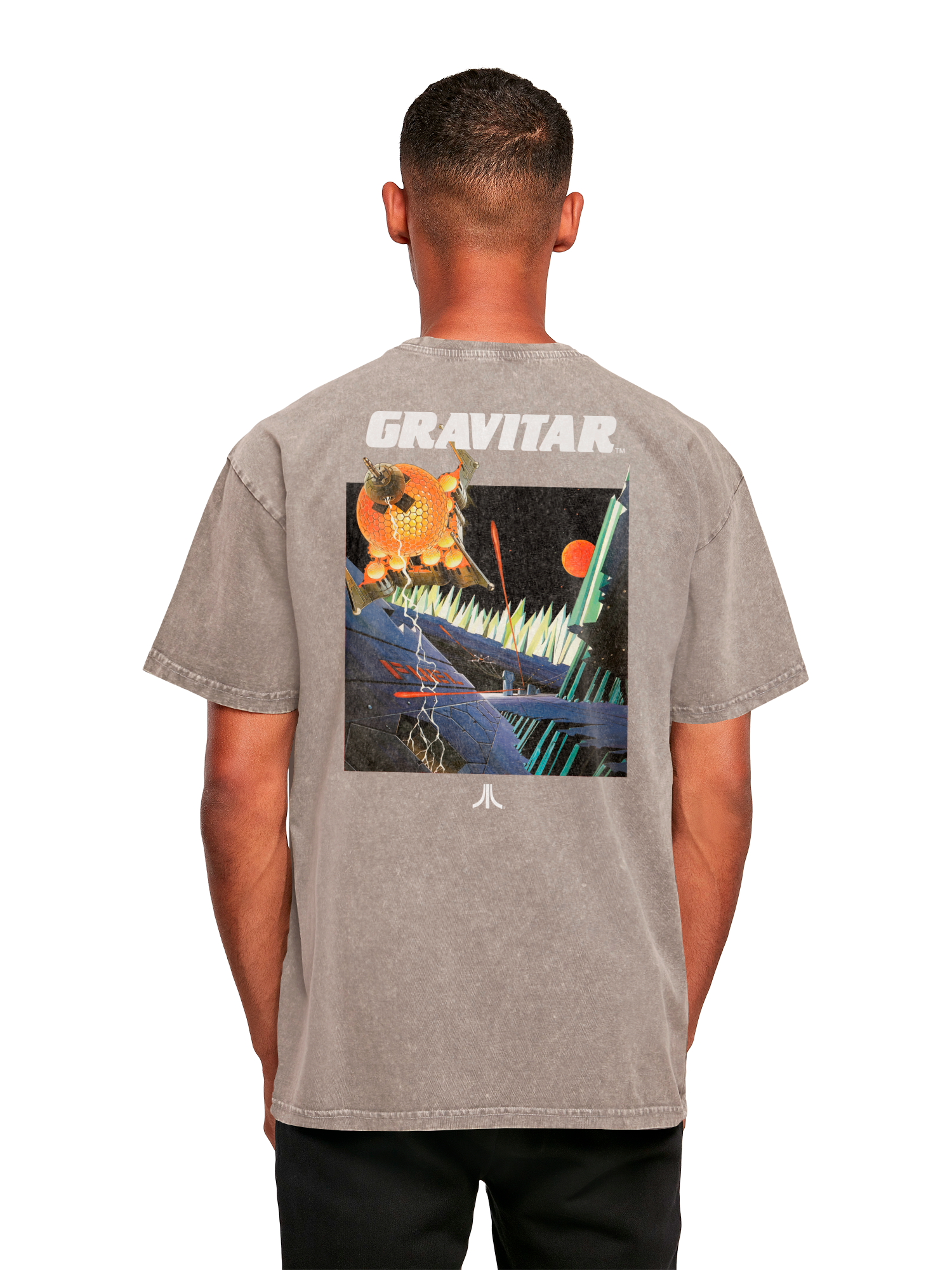 Logotipo de Atari Games White Retro Gaming Horizontal y Atari Gravitar Box Cover con camiseta de gran tamaño pesado de ácido