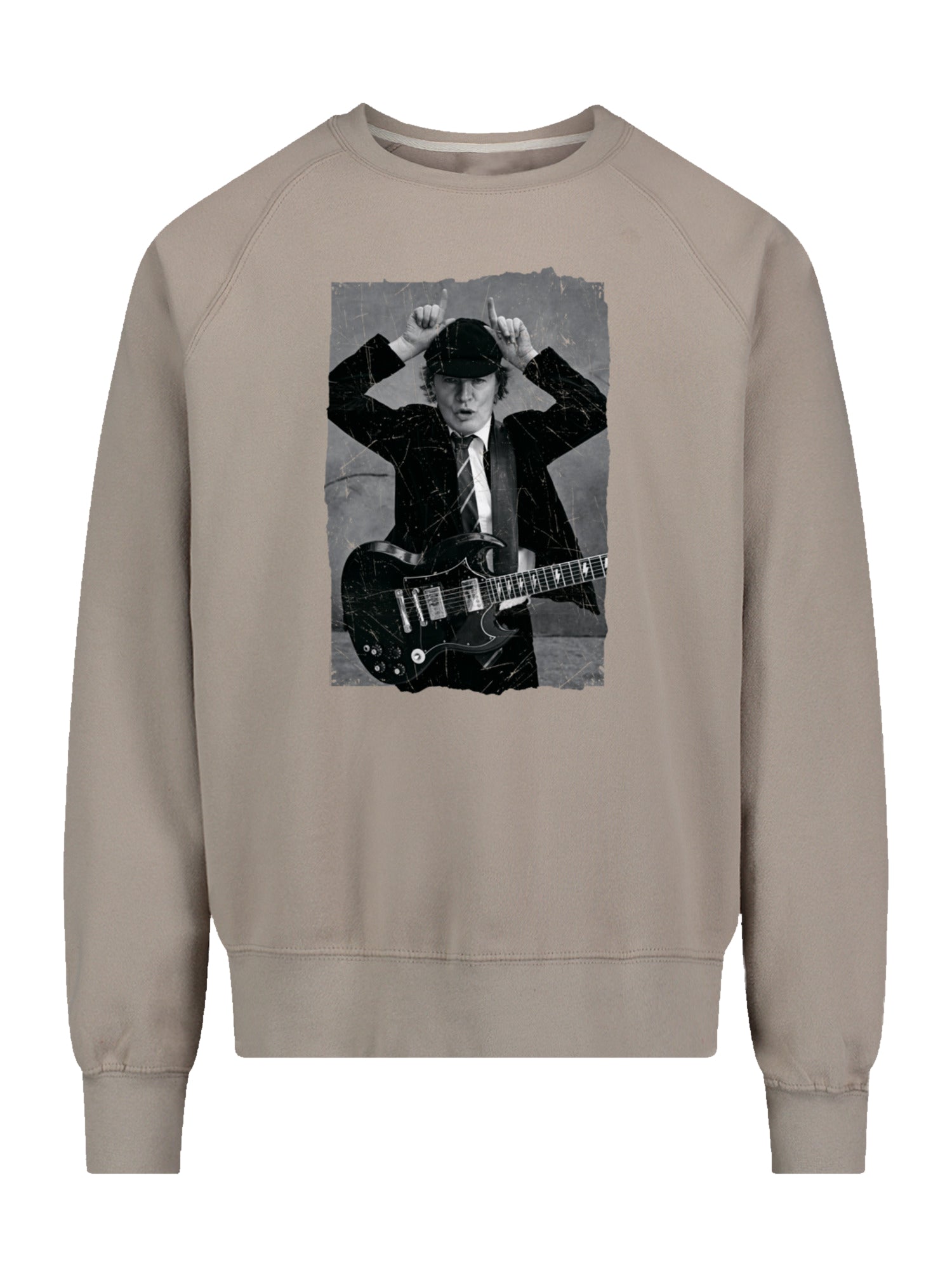 AC/DC Angus Foto angustiada Young con tripulación vintage de raglán de lana