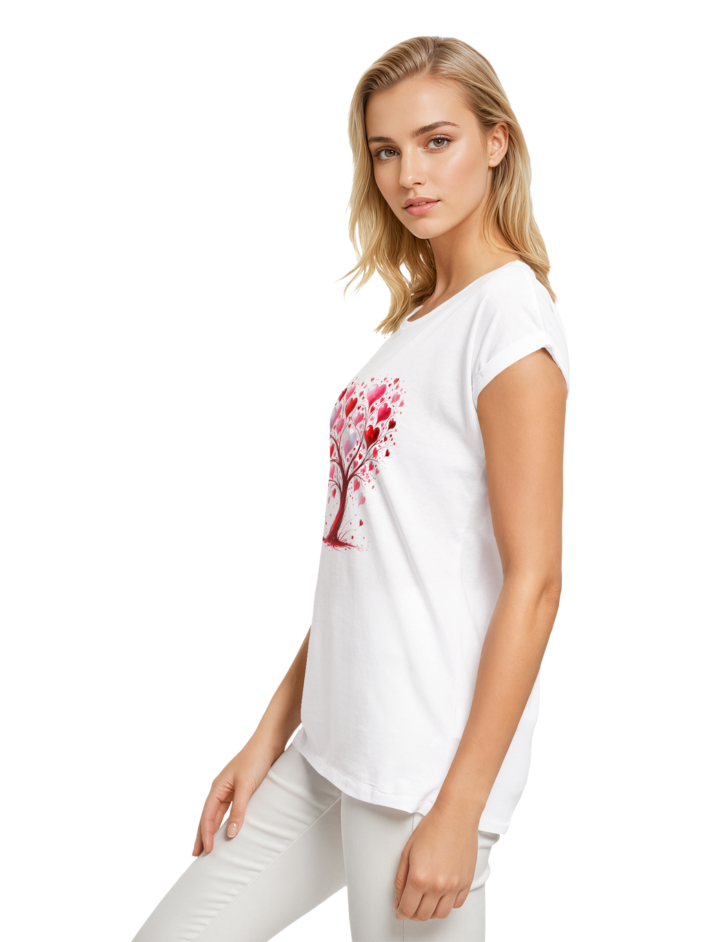 Heart Tree Watercolor Ladies Extended Shoulder T-Shirt