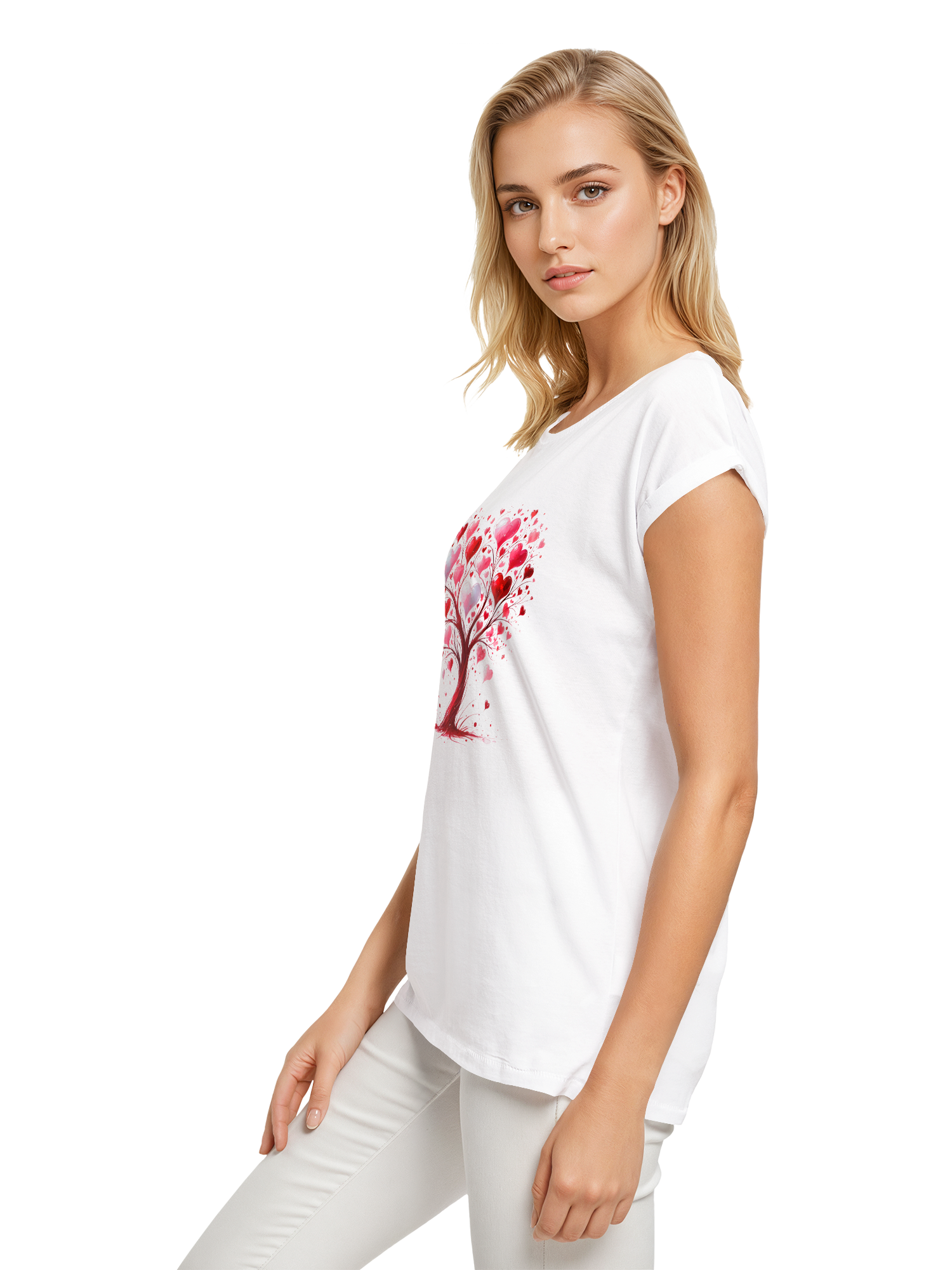 Heart Tree Watercolor Ladies Extended Shoulder T-Shirt