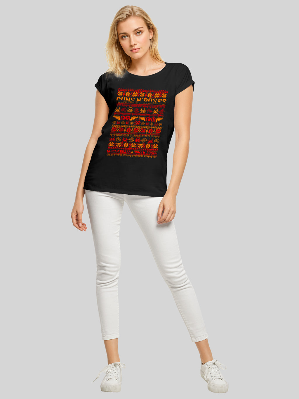 Guns And Roses Christmas with Ladies Extended Shoulder