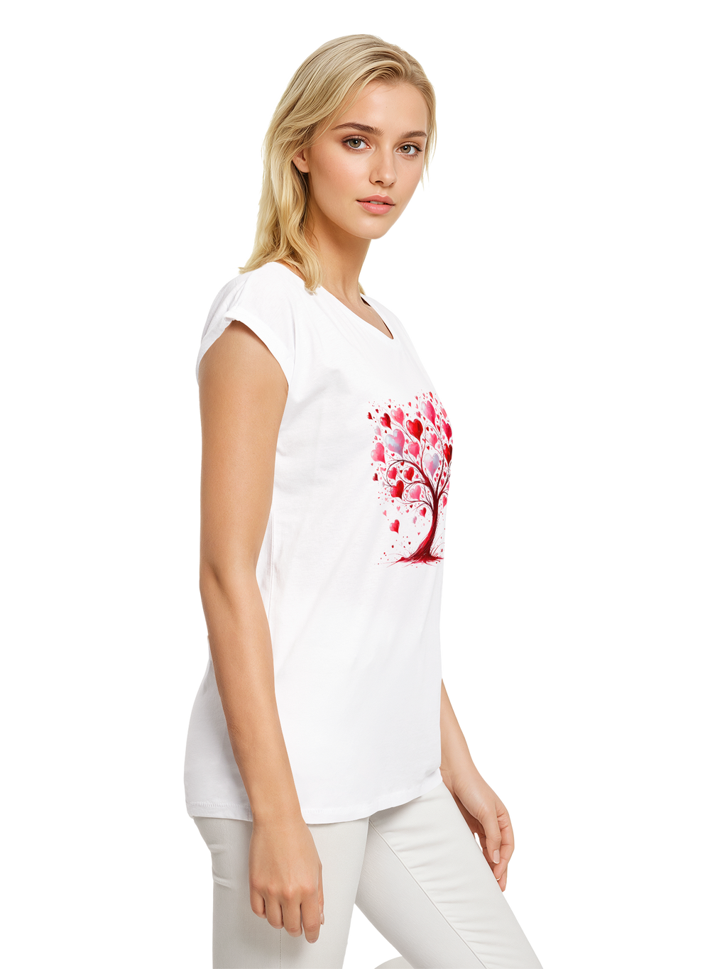 Heart Tree Watercolor Ladies Extended Shoulder T-Shirt