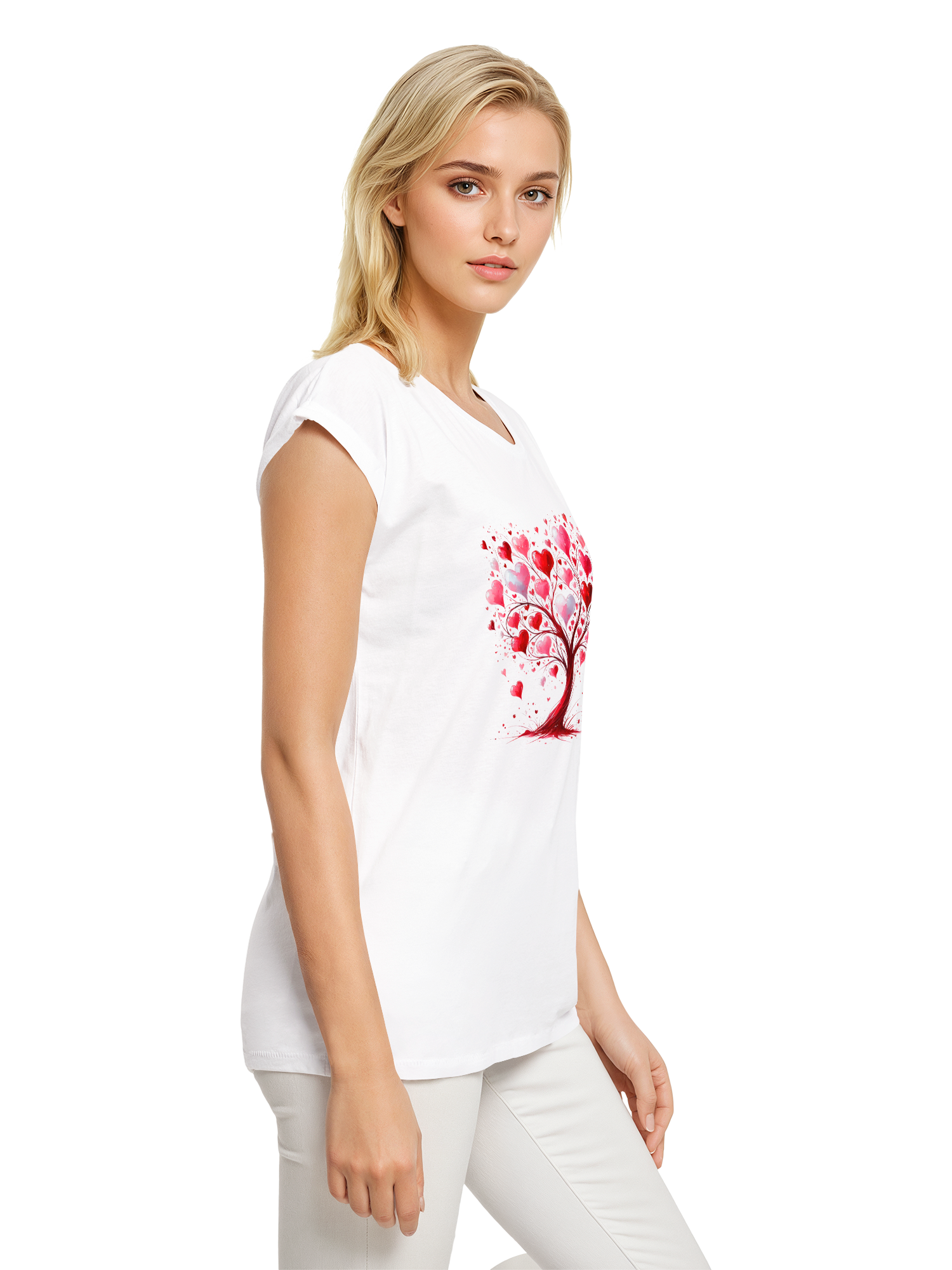 Heart Tree Watercolor Ladies Extended Shoulder T-Shirt
