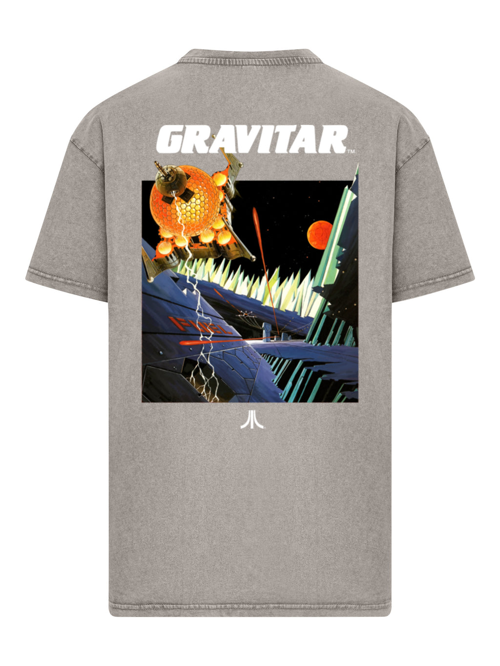 Logotipo de Atari Games White Retro Gaming Horizontal y Atari Gravitar Box Cover con camiseta de gran tamaño pesado de ácido