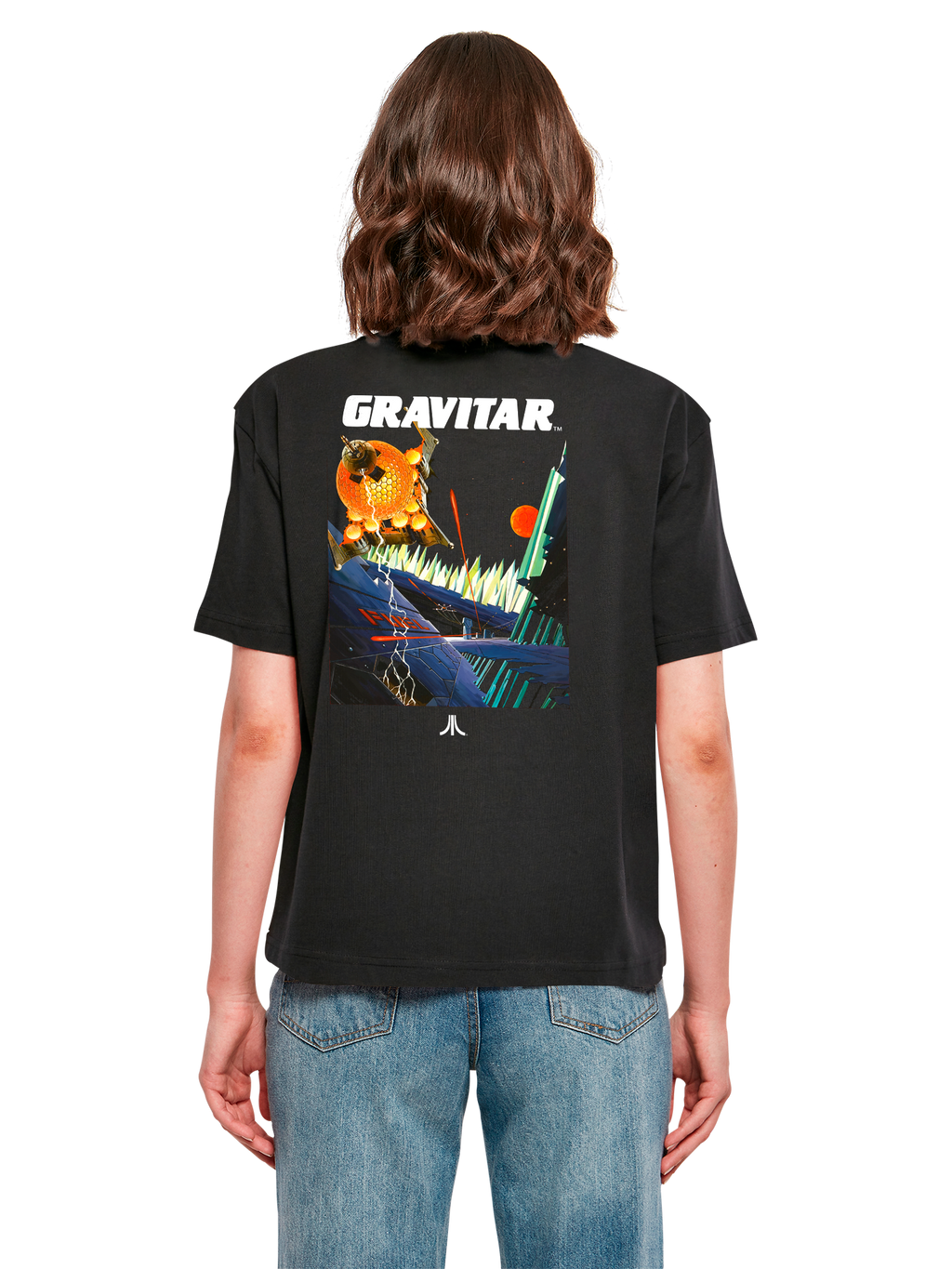 Atari Games Logo White Retro Gaming Horizontal and Atari Gravitar Box Cover with Ladies Everyday Tee
