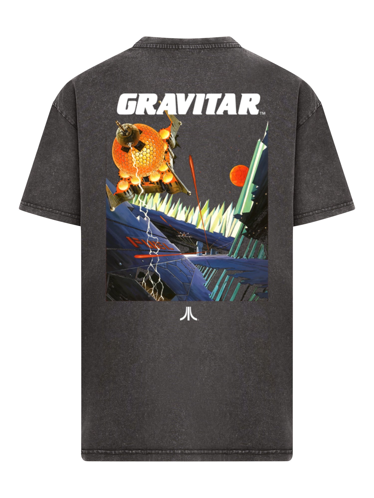 Logotipo de Atari Games White Retro Gaming Horizontal y Atari Gravitar Box Cover con camiseta de gran tamaño pesado de ácido