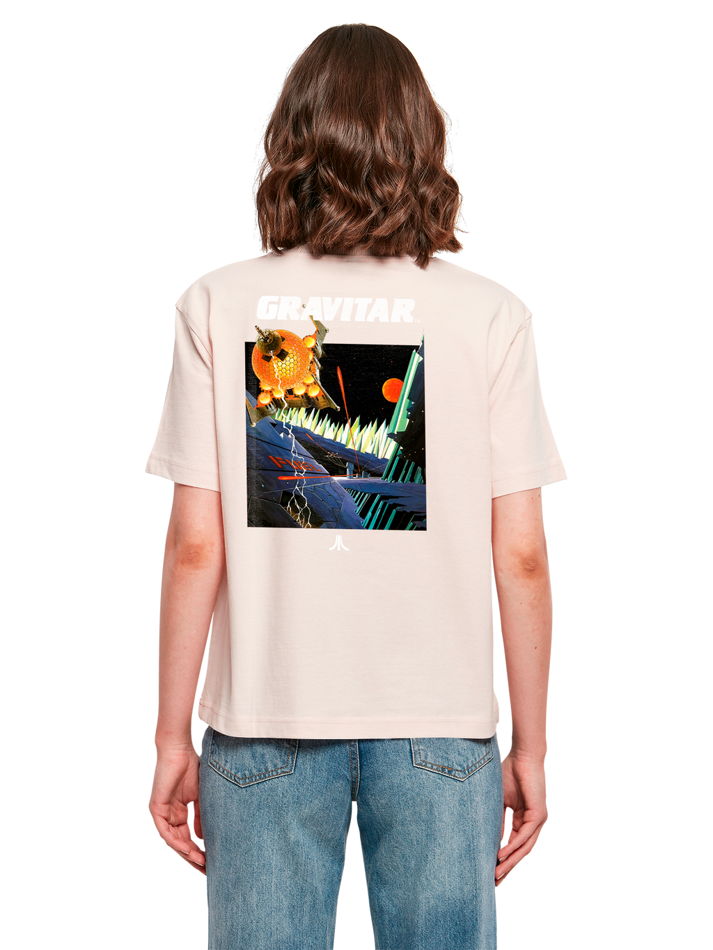 Atari Games Logo White Retro Gaming Horizontal and Atari Gravitar Box Cover with Ladies Everyday Tee