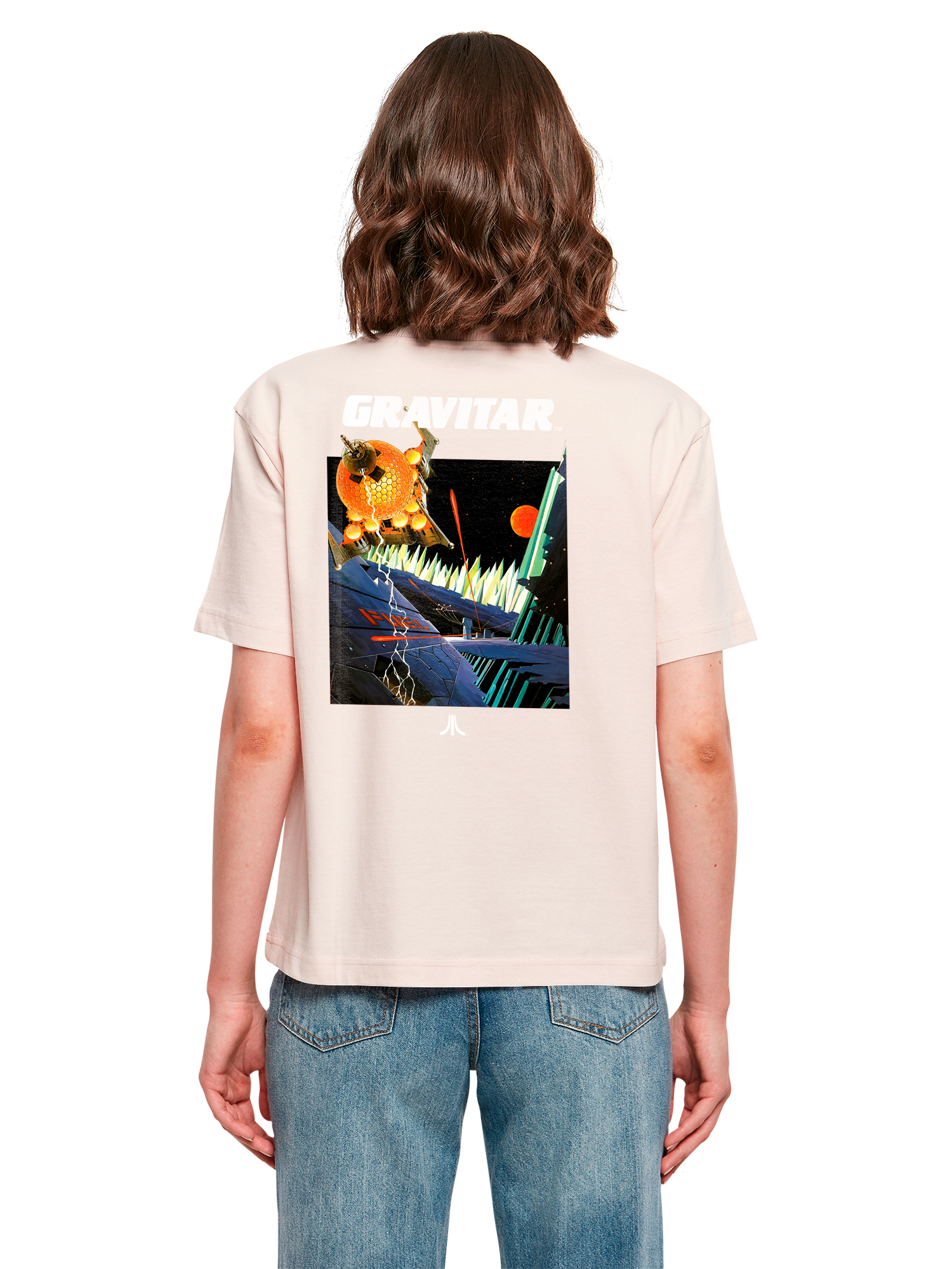 Atari Games Logo White Retro Gaming Horizontal and Atari Gravitar Box Cover with Ladies Everyday Tee