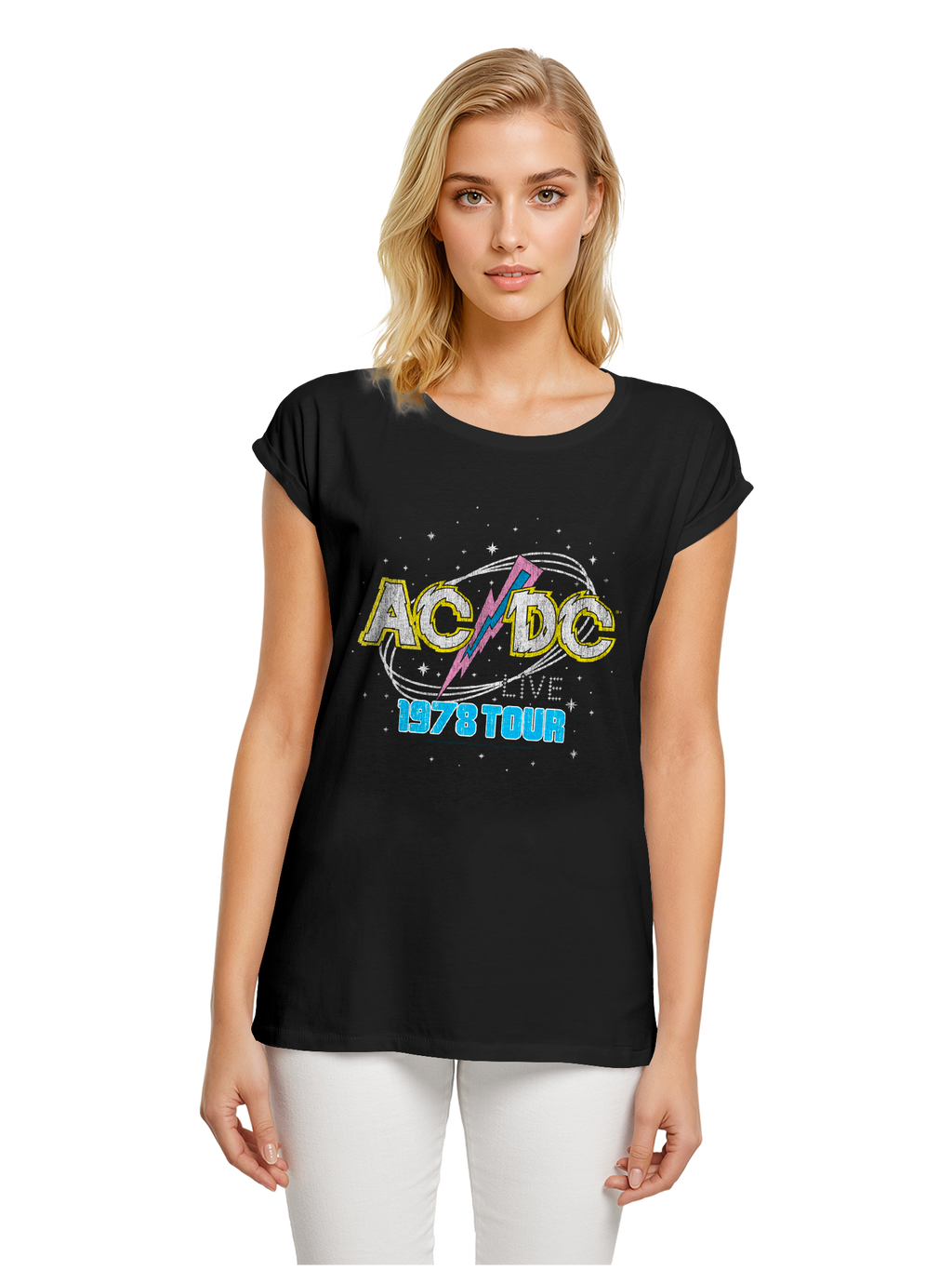 ACDC 1981 Live Tour with Ladies Extended Shoulder Tee