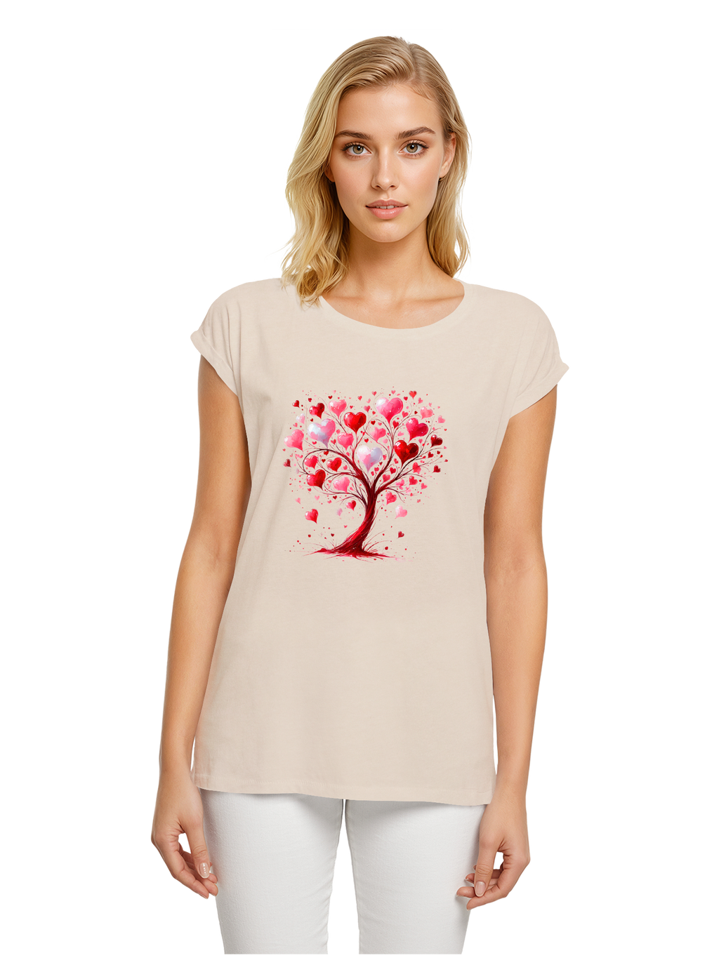 Heart Tree Watercolor Ladies Extended Shoulder T-Shirt