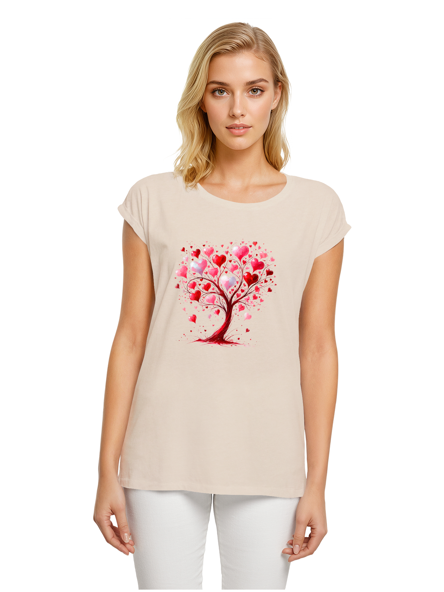 Heart Tree Watercolor Ladies Extended Shoulder T-Shirt
