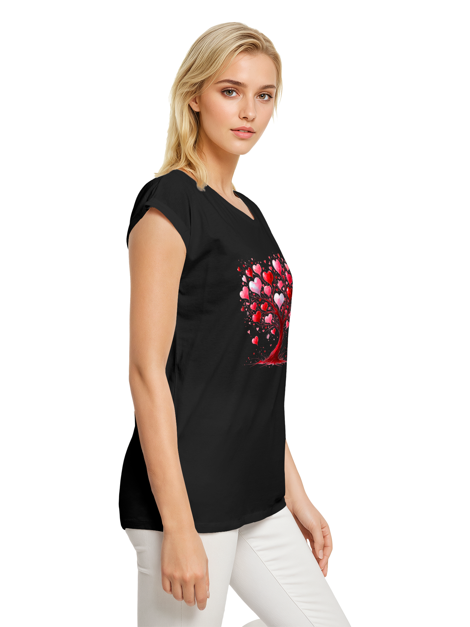 Heart Tree Watercolor Ladies Extended Shoulder T-Shirt