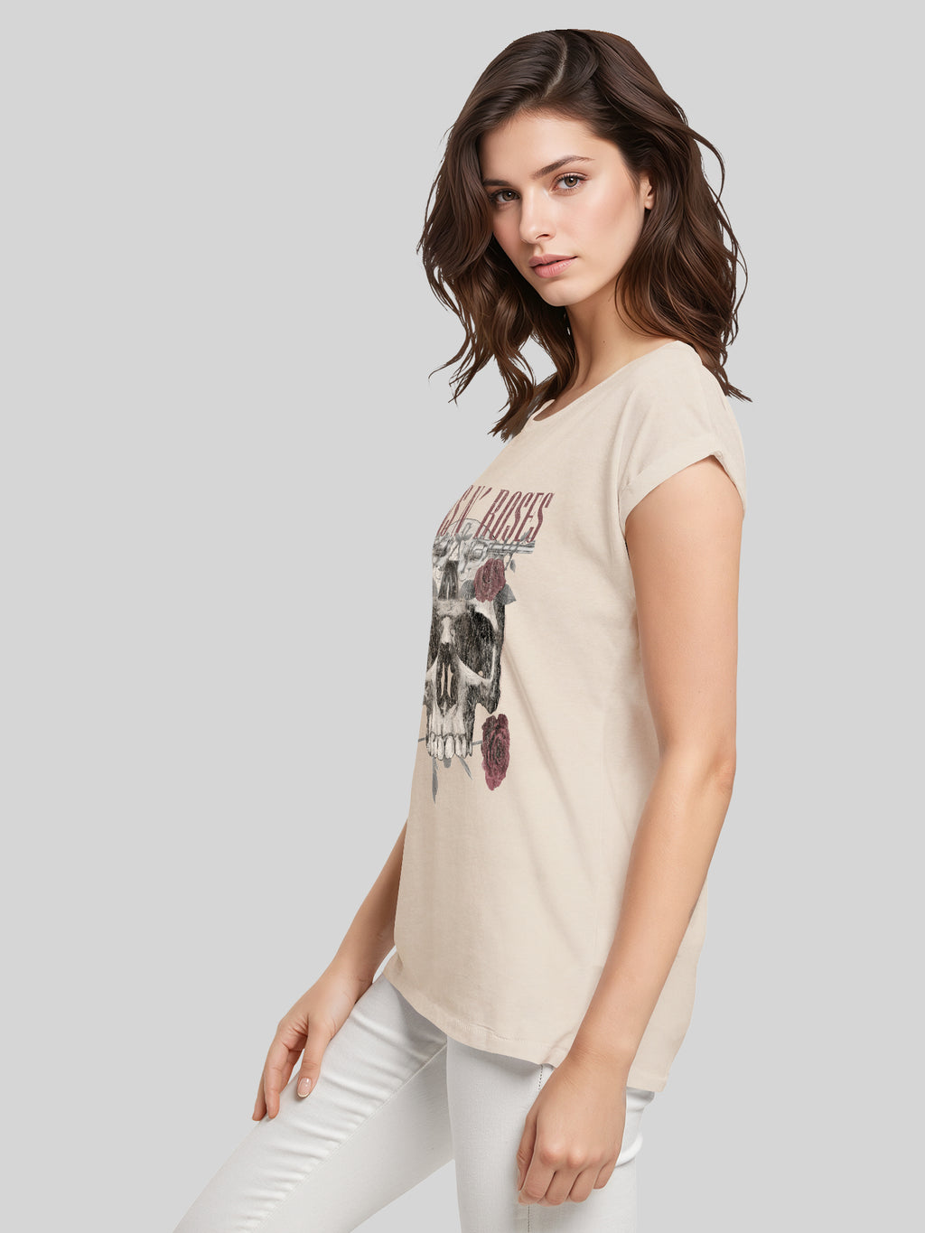 Guns N 'Roses Roses Calavera con Damas Extendida TEE de hombro