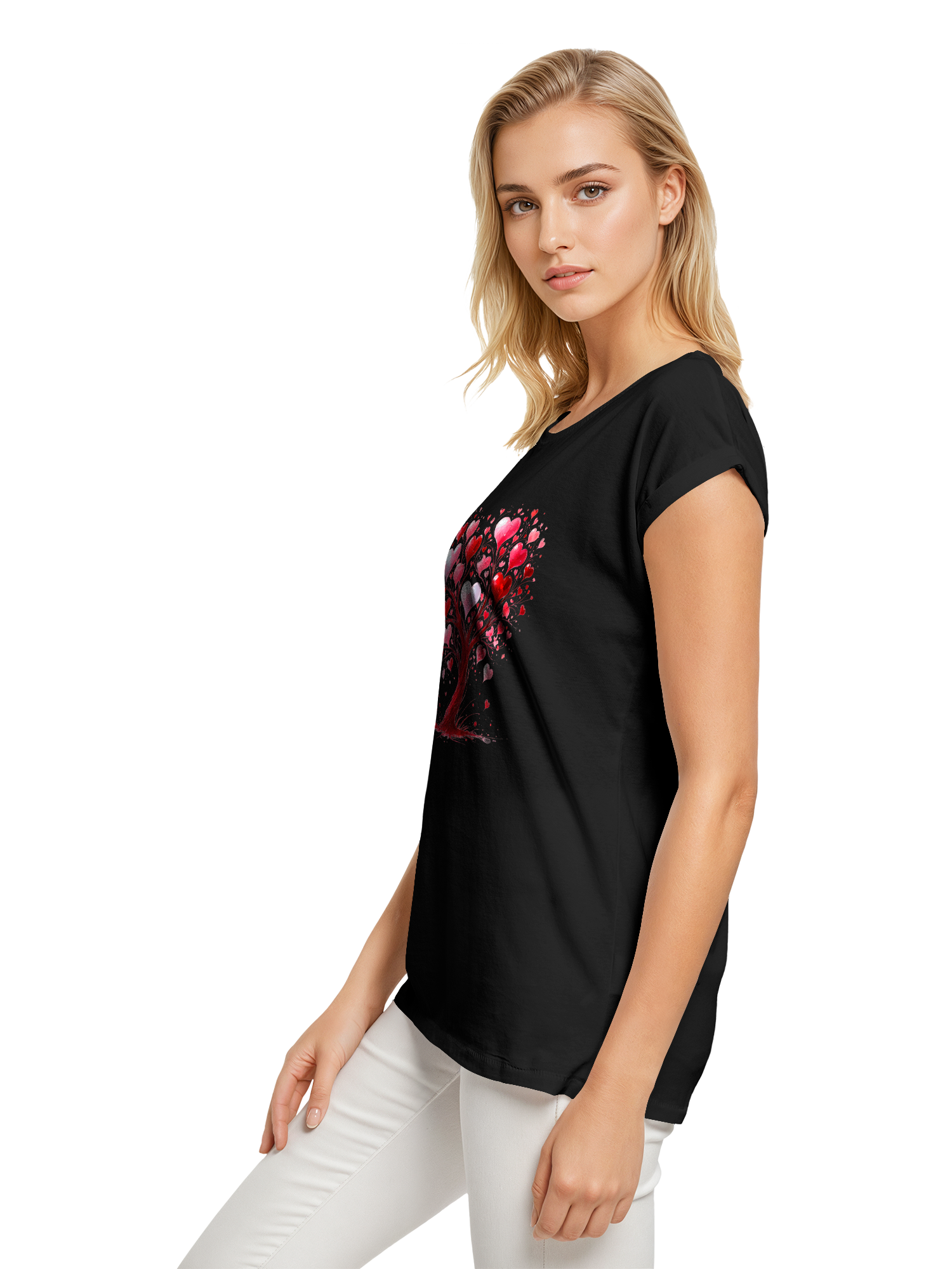 Heart Tree Watercolor Ladies Extended Shoulder T-Shirt