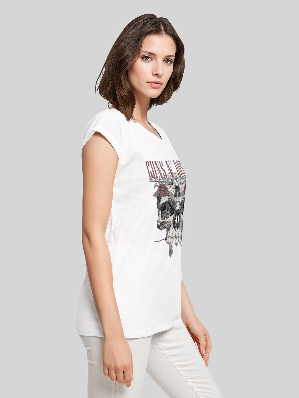 Guns N 'Roses Roses Calavera con Damas Extendida TEE de hombro