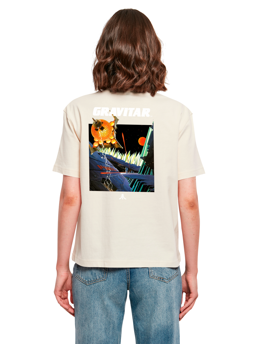 Atari Games Logo White Retro Gaming Horizontal and Atari Gravitar Box Cover with Ladies Everyday Tee
