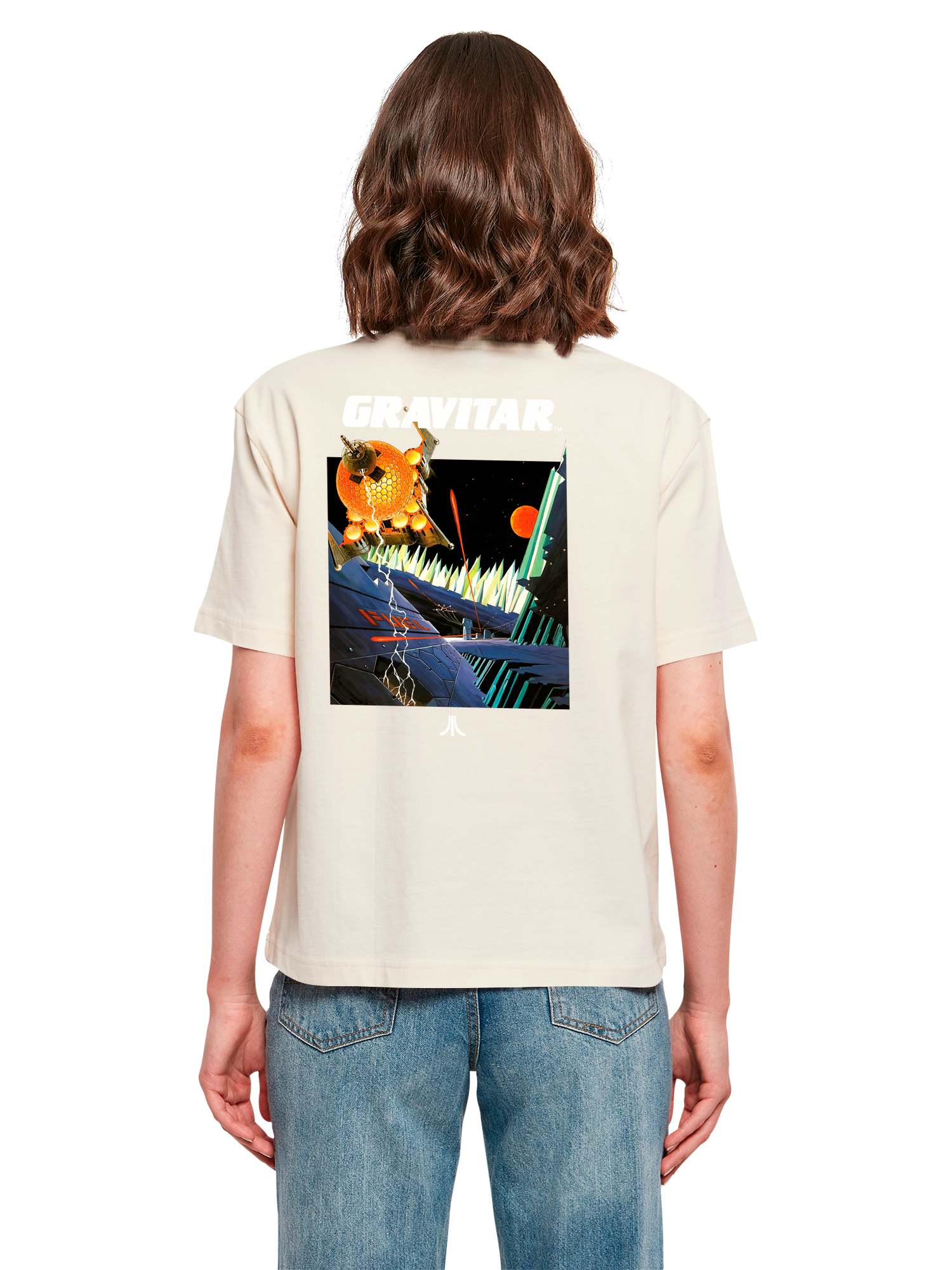 Atari Games Logo White Retro Gaming Horizontal and Atari Gravitar Box Cover with Ladies Everyday Tee