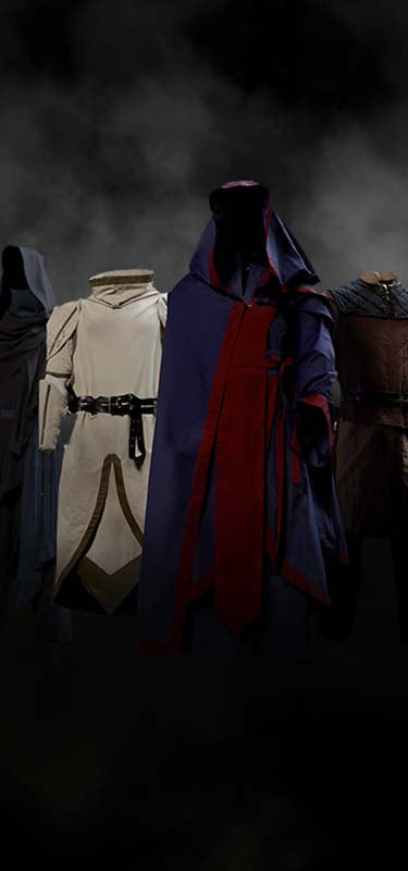 The Dungeon & Dragons Call to Arms collection, with a blue wizard robe, white cleric suit, dark rogue outfit and practical fighter gear.