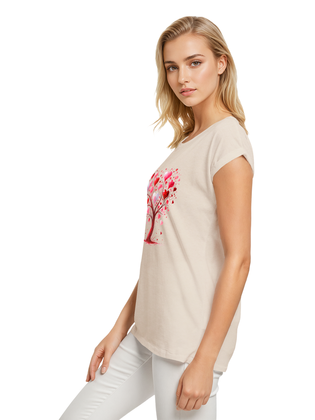 Heart Tree Watercolor Ladies Extended Shoulder T-Shirt