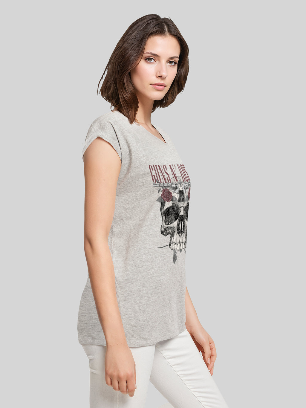Guns N 'Roses Roses Calavera con Damas Extendida TEE de hombro