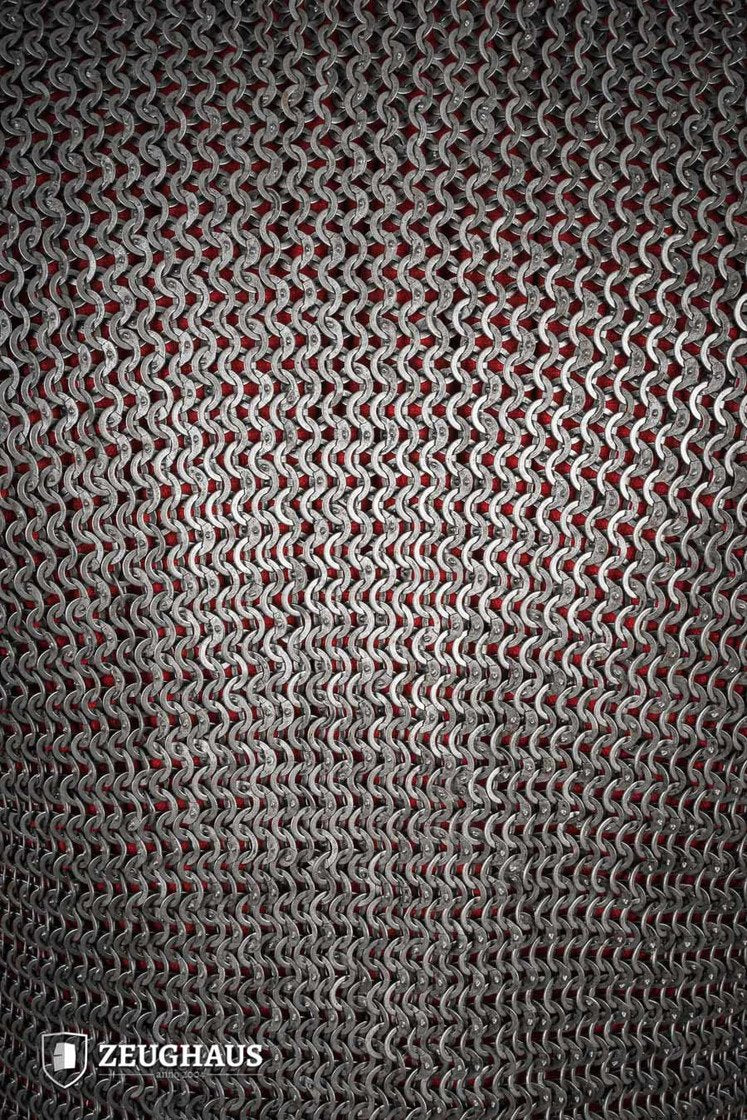 Cota de malla Haubergeon con anillas planas, remachadas en cuña, de acero de 9 mm aceitado